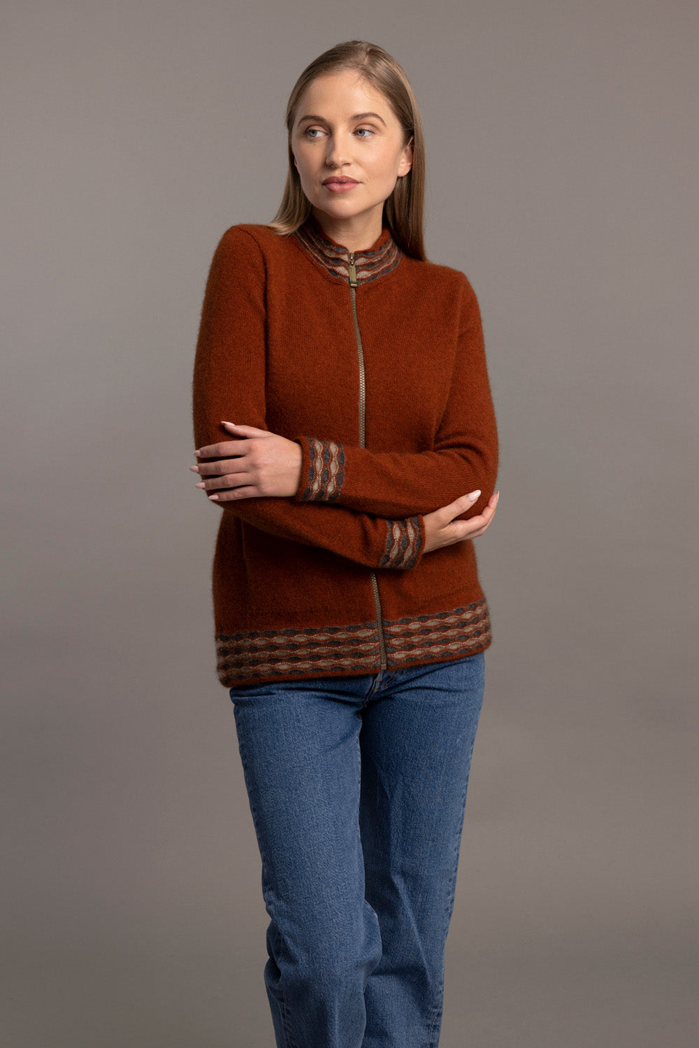 Wave Trim Possum Merino Zip Cardigan