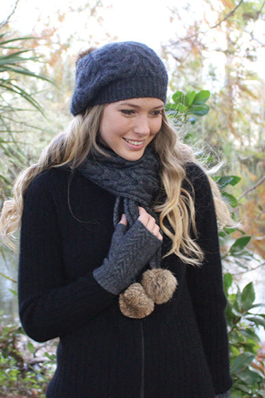 Rabbit Fur Pom Pom Possum Merino Cable Beanie