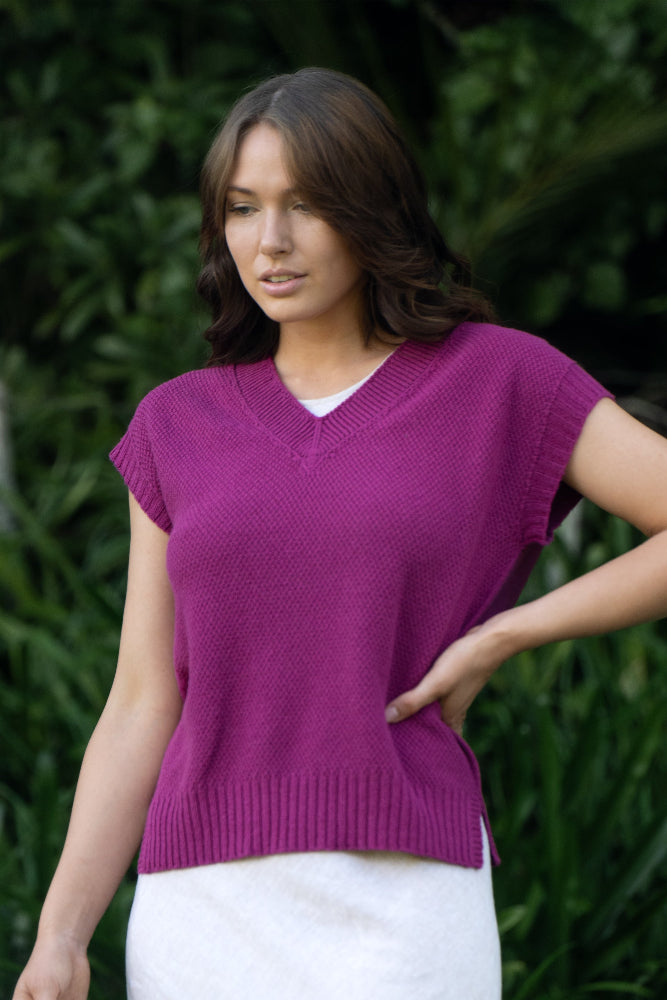 Evie Merino & Cotton Textured Vest - Cerise