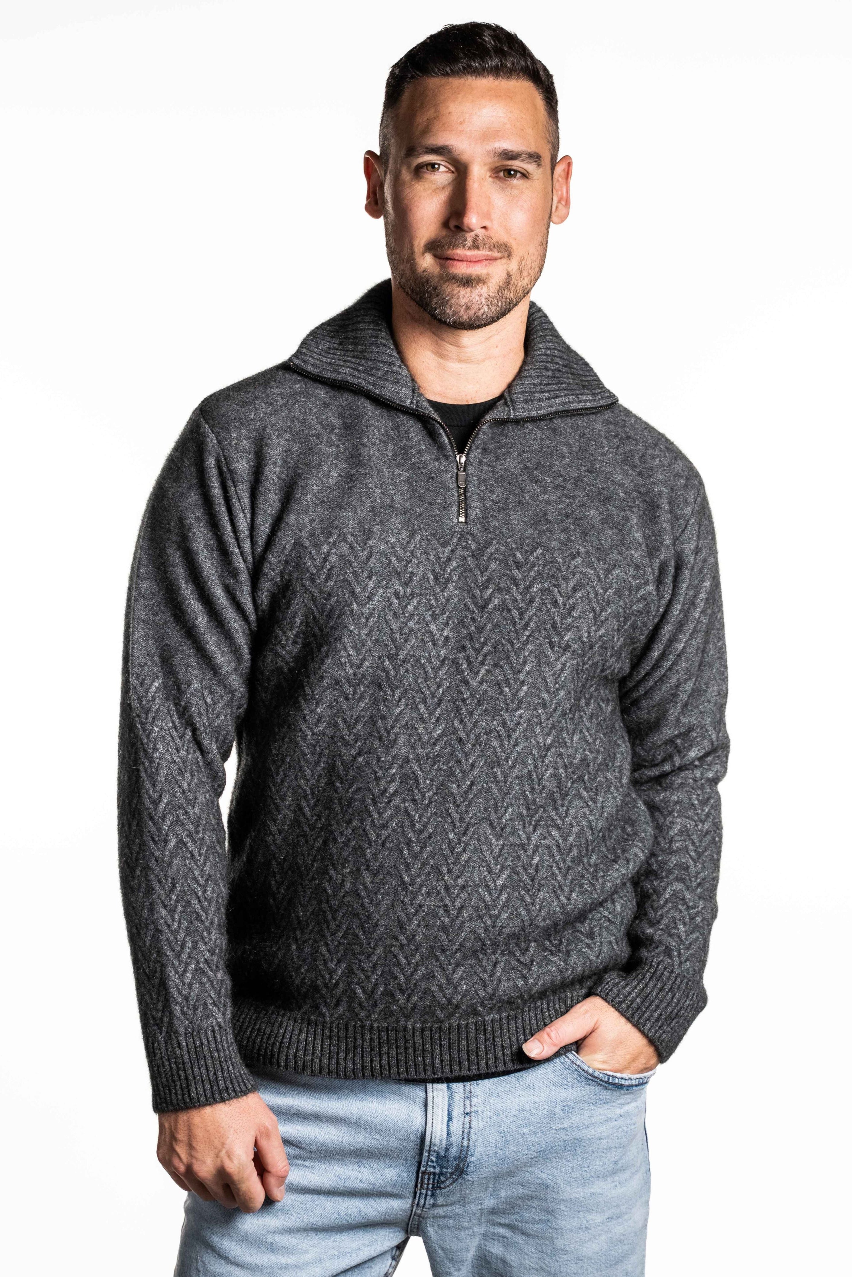 Chevron Pattern Possum Merino Zip Jumper