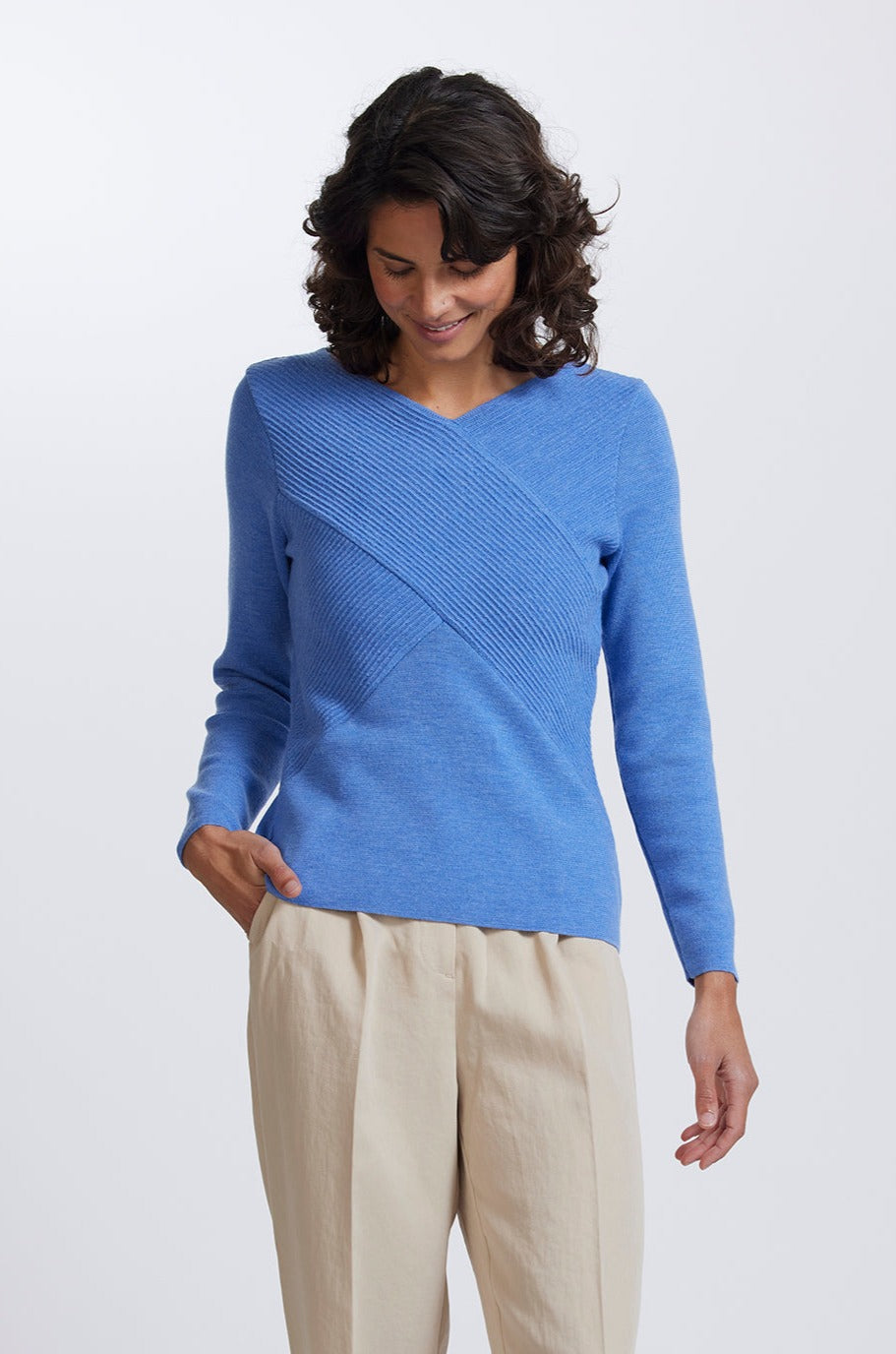 Merino Wool Rib Wrap V Sweater