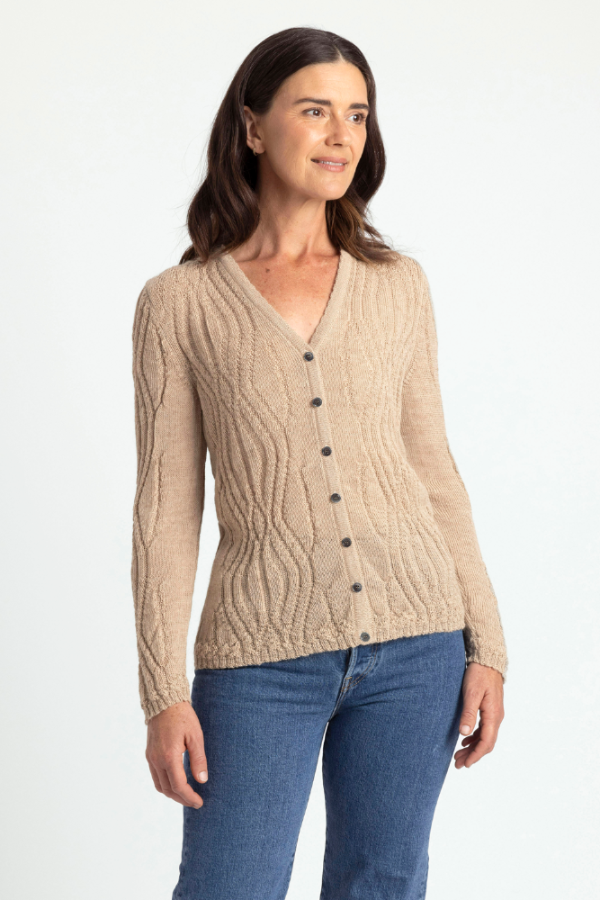 Wavy Alpaca Wool V Neck Cardigan - Light Camel