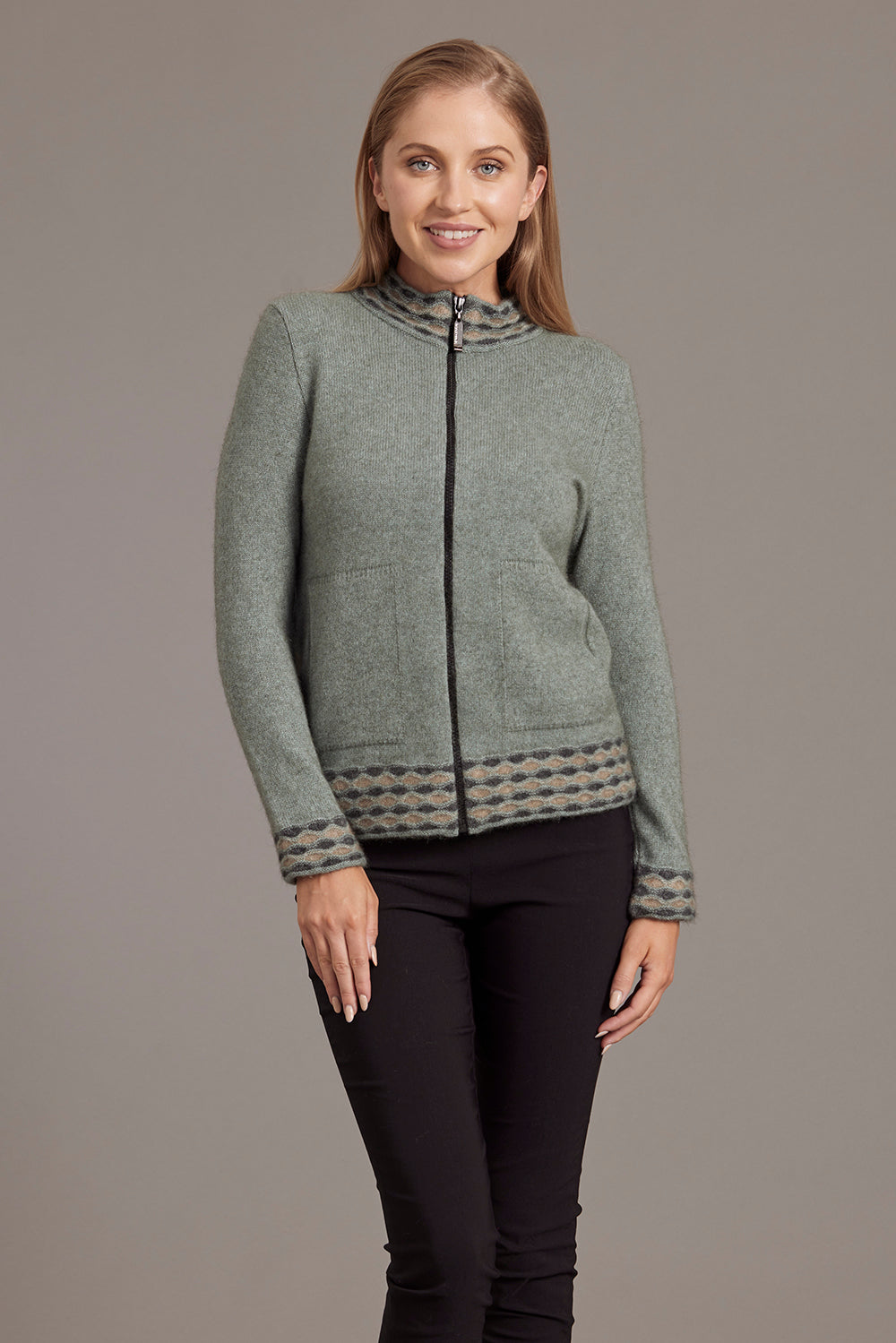 Wave Trim Possum Merino Zip Cardigan
