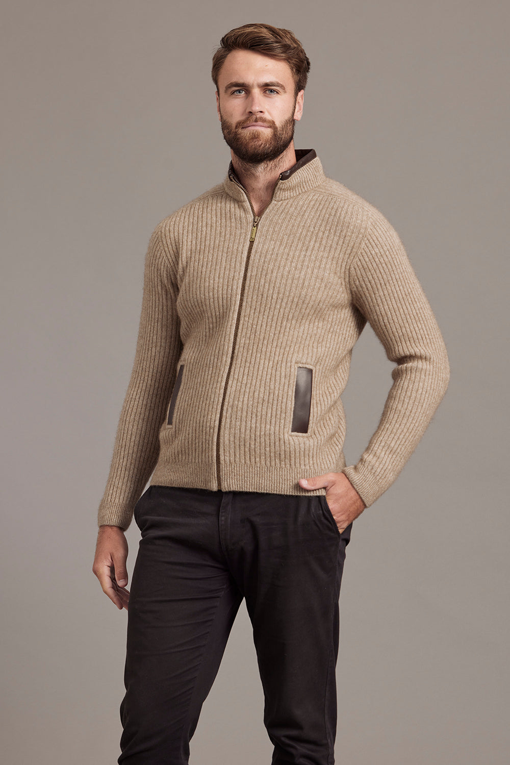 Leather Trim Possum Merino Rib Zip Jacket
