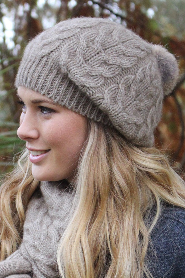 Rabbit Fur Pom Pom Possum Merino Cable Beanie