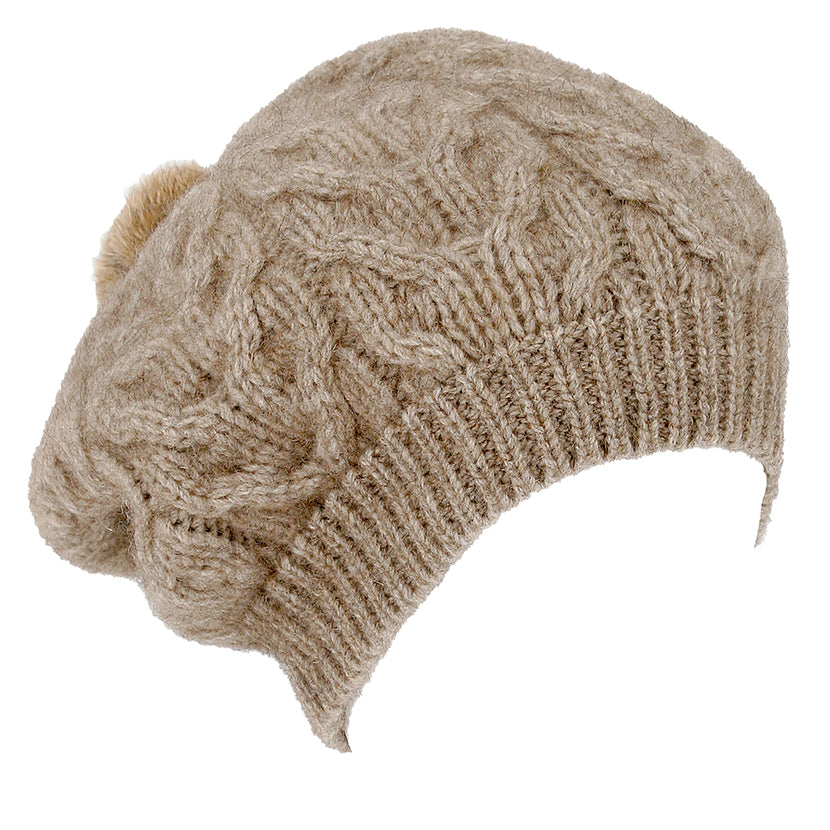 Rabbit Fur Pom Pom Possum Merino Cable Beanie