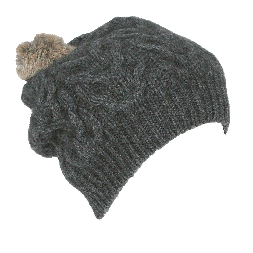 Rabbit Fur Pom Pom Possum Merino Cable Beanie