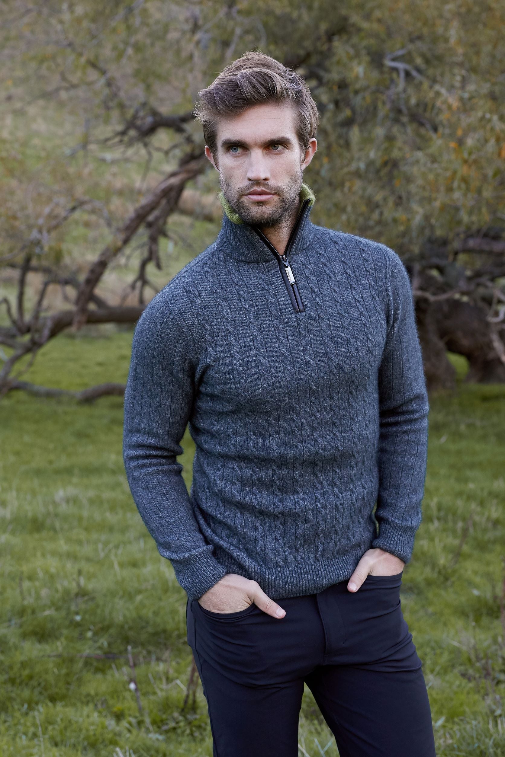 Cable Possum Merino Jersey With Contrast Trim