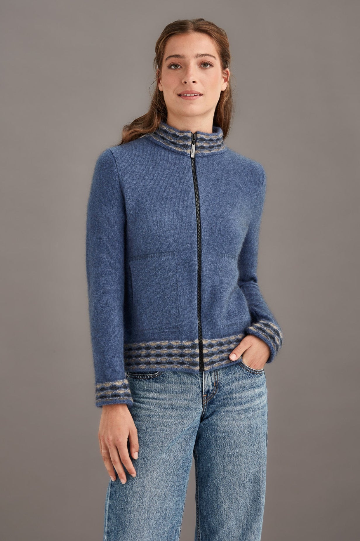 Wave Trim Possum Merino Zip Cardigan Main image