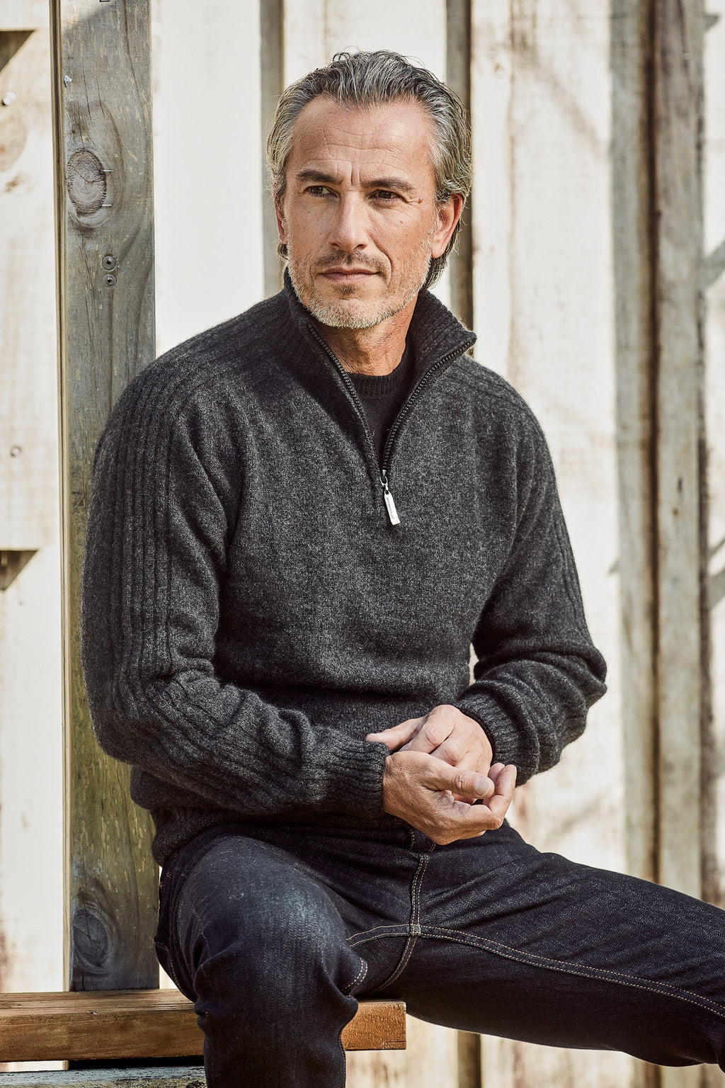 Short Zip Possum Merino Rib Sweater