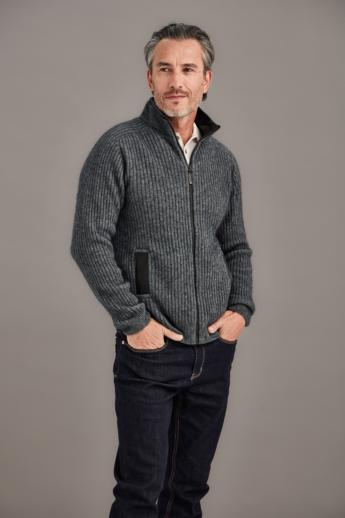 Leather Trim Possum Merino Rib Zip Jacket Main image
