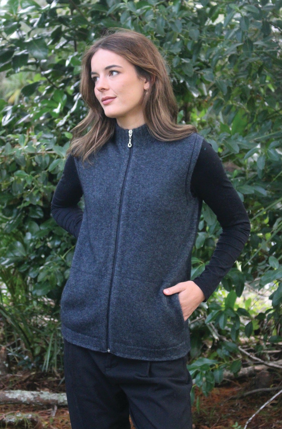 Plain Possum Merino Zip Vest with Pockets Main image