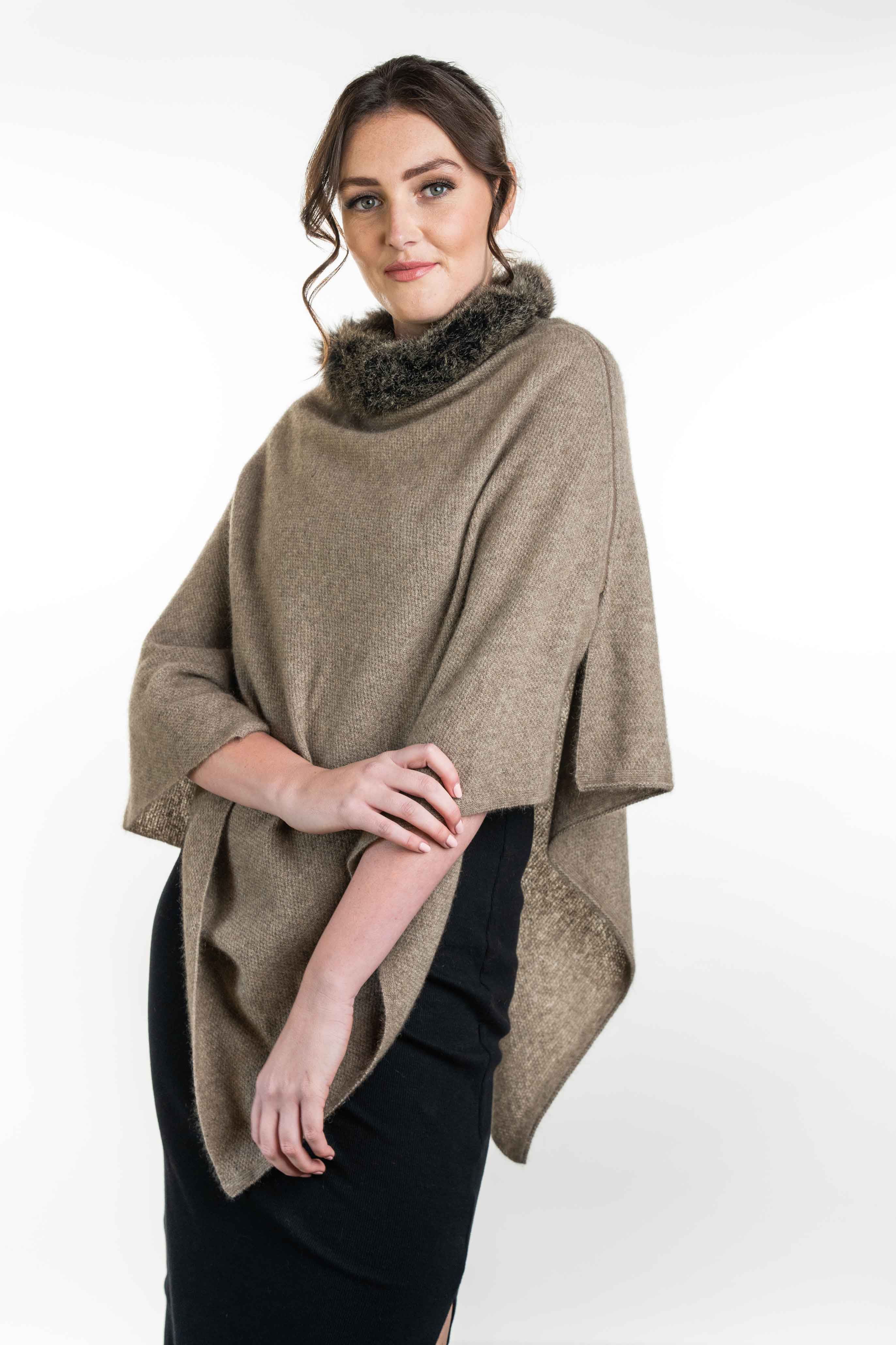 Fur Trim Possum Merino Zip Poncho Main image