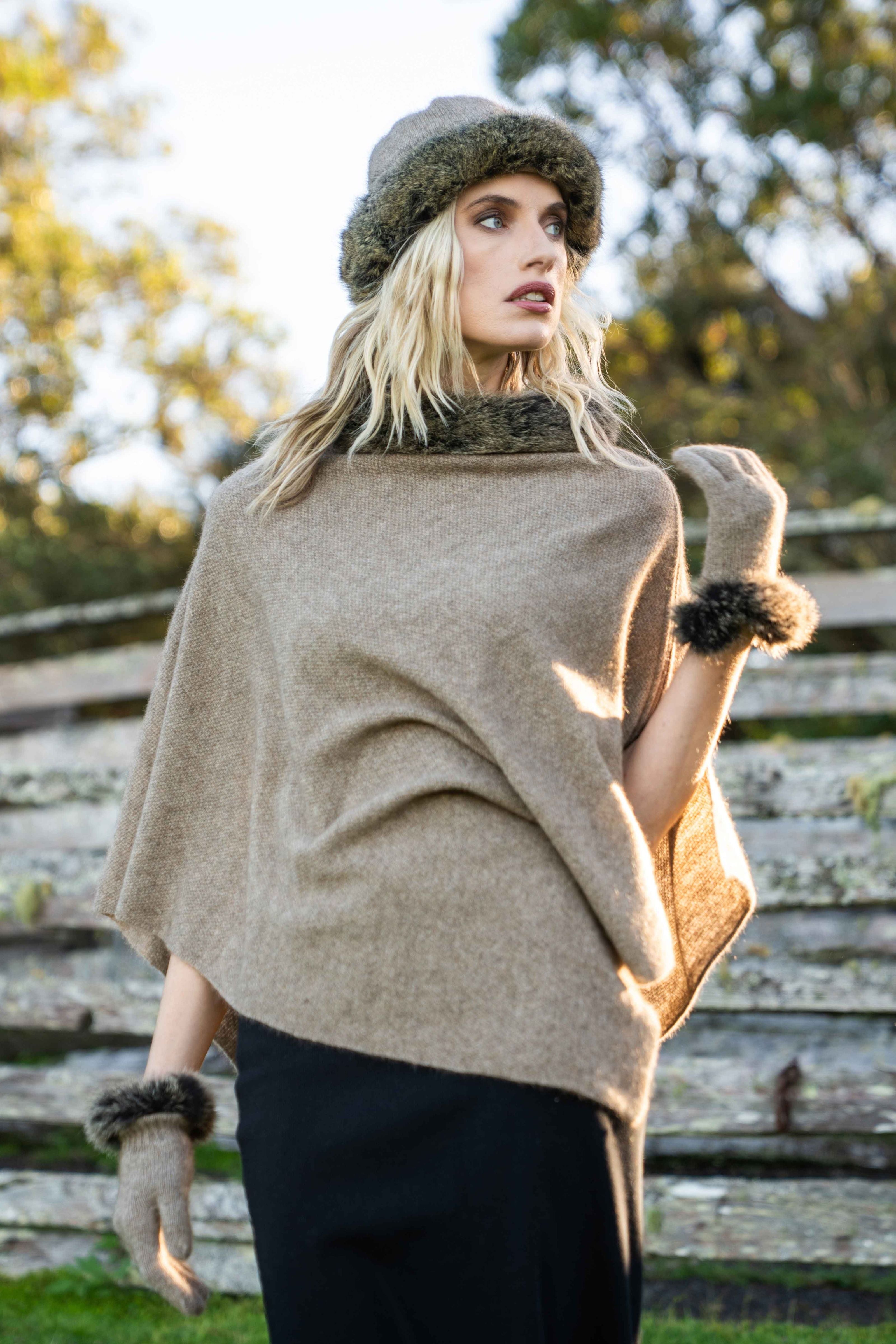 Fur Trim Possum Merino Zip Poncho
