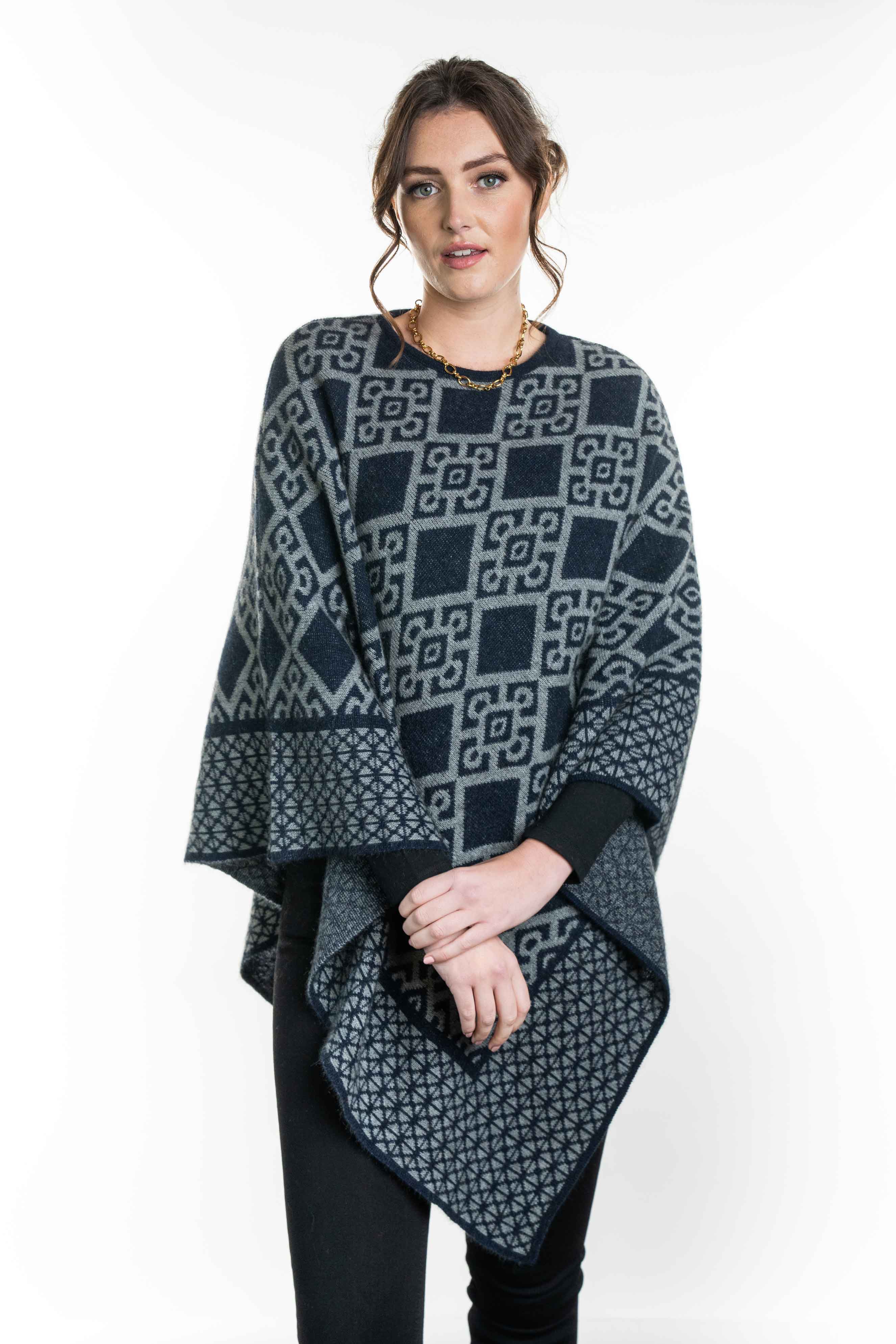 Diamond Pattern Possum Merino Poncho Main image