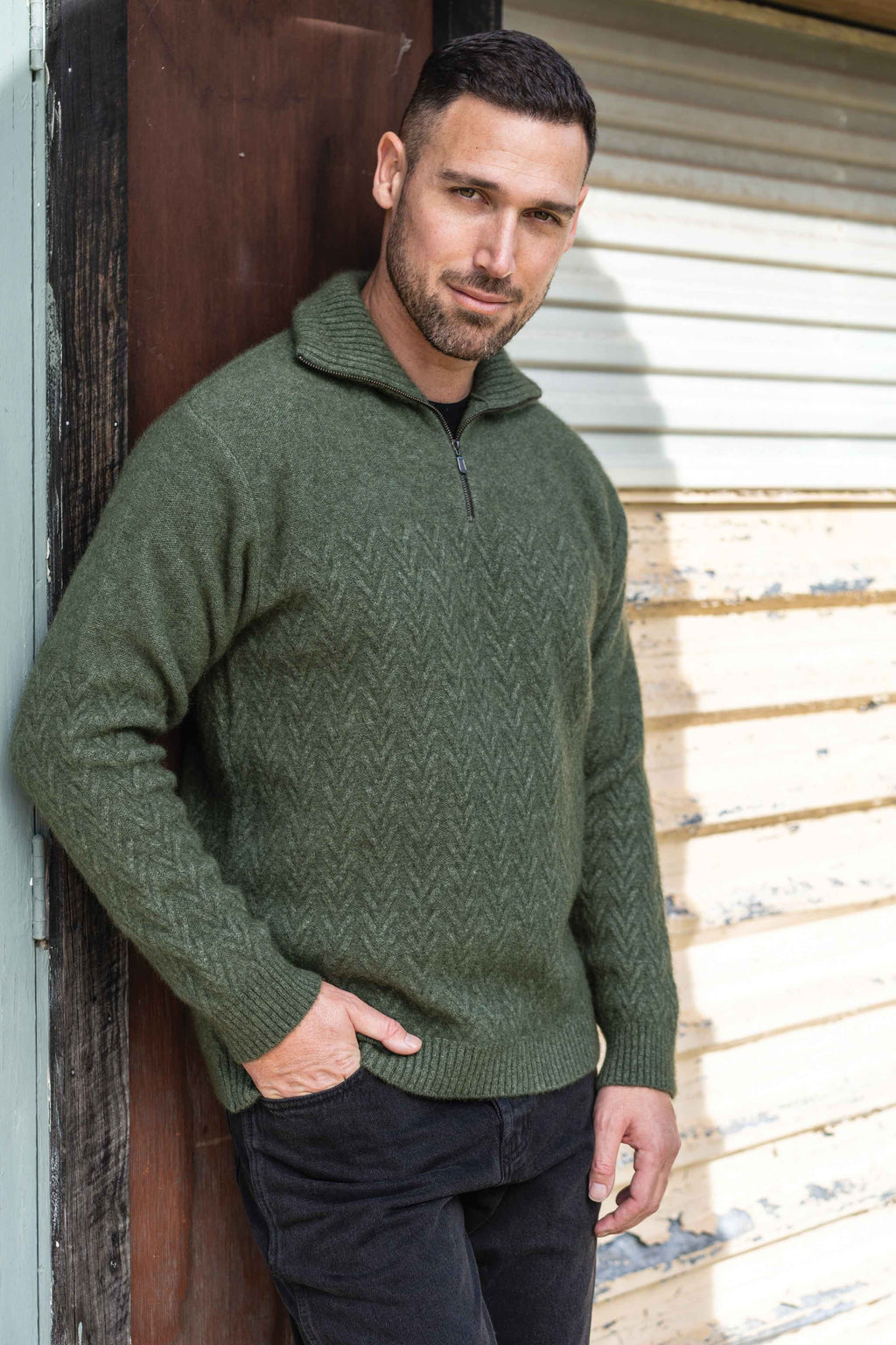 Chevron Pattern Possum Merino Zip Jumper