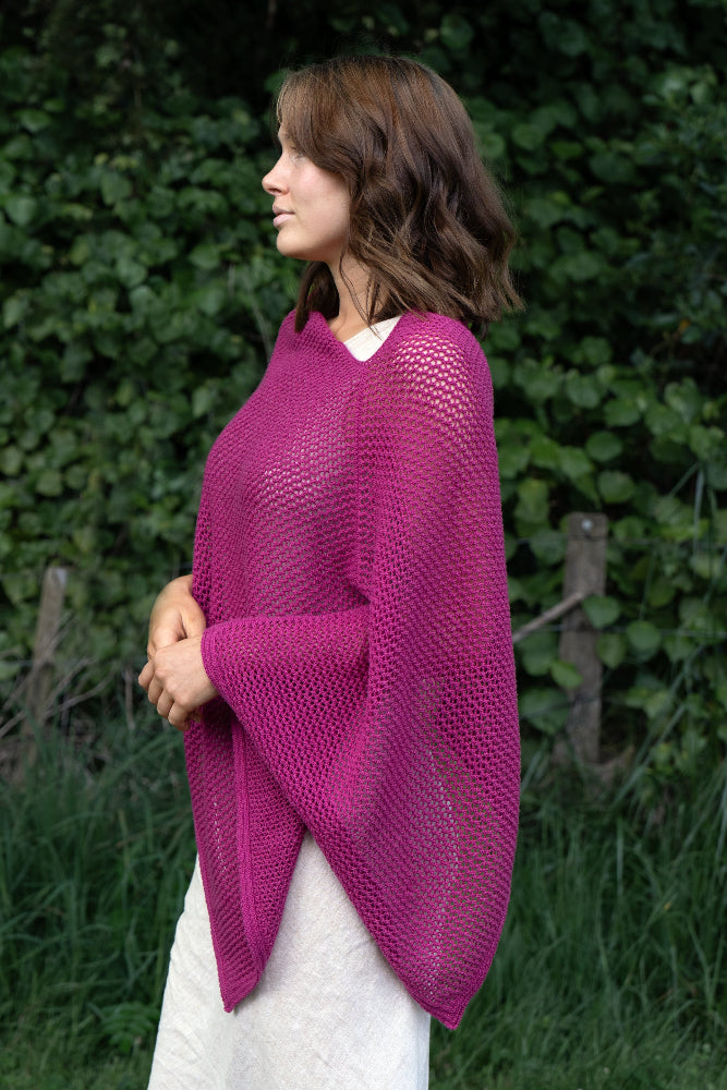 Mesh Merino & Cotton Poncho - Cerise Side