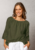 Summer Weight Linen Gathered Boat Neck Top - Noble Wilde