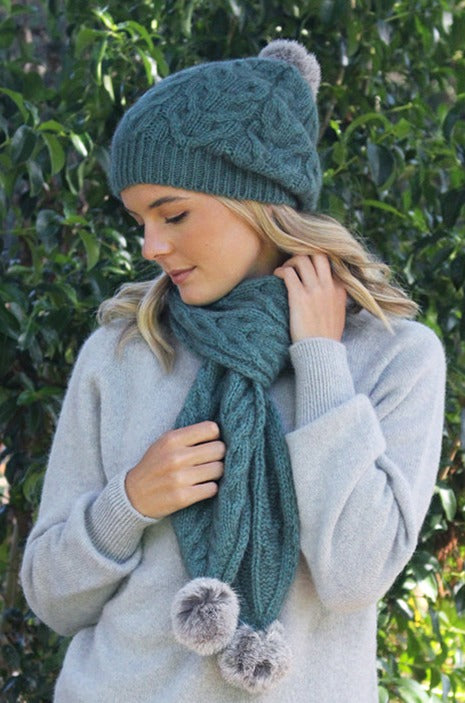 Rabbit Fur Pom Pom Possum Merino Cable Beanie Secondary image